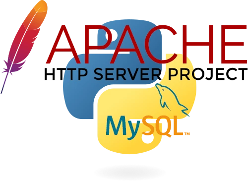 Apache HTTP server project logo superimposed over a Python logo with a MySQL logo superimposed over that.